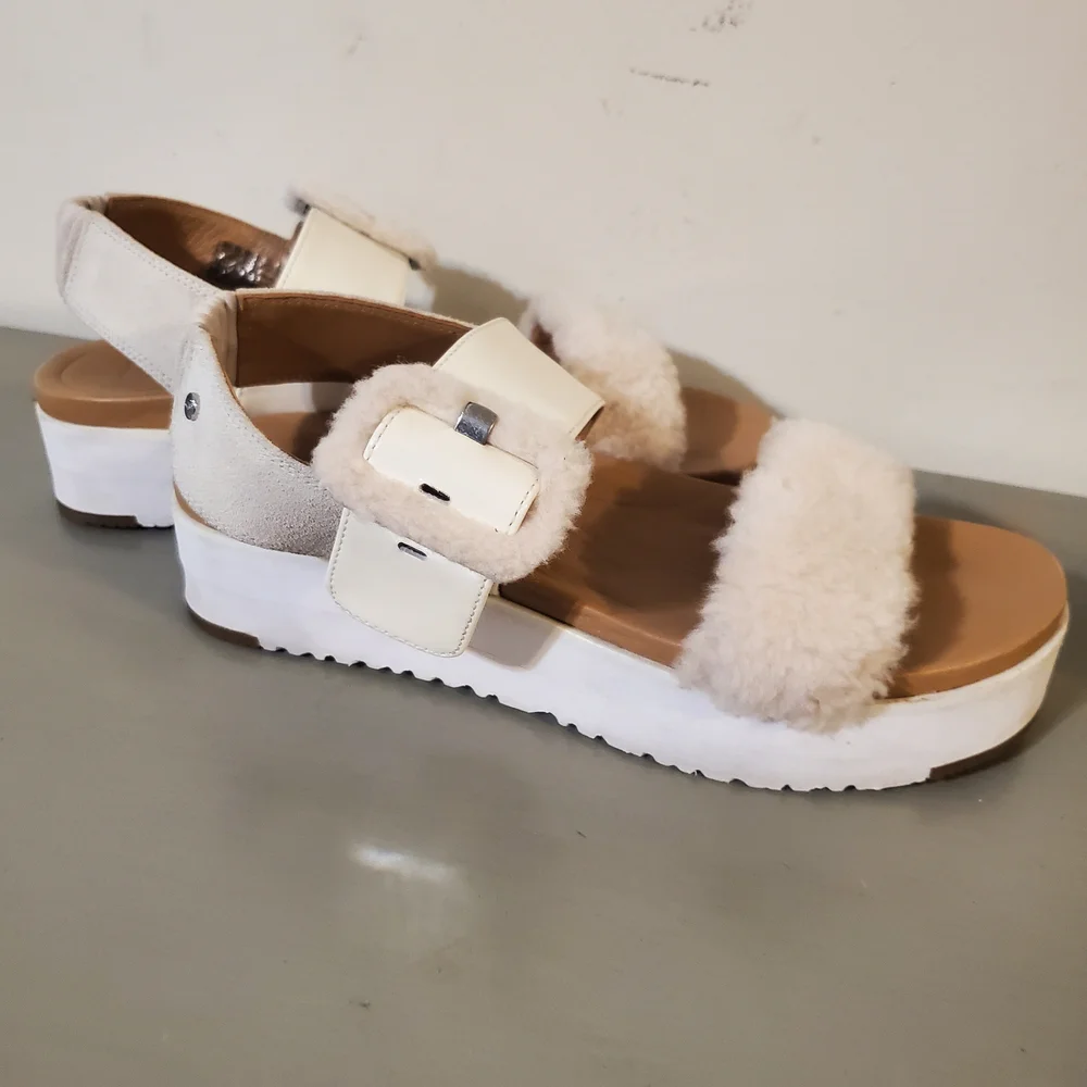 UGG Sandals LE FLUFF CHELLA JASMINE WHITE SLINGBACK PLATFORM SANDAL US 9.5 EUC - Picture 1 of 7